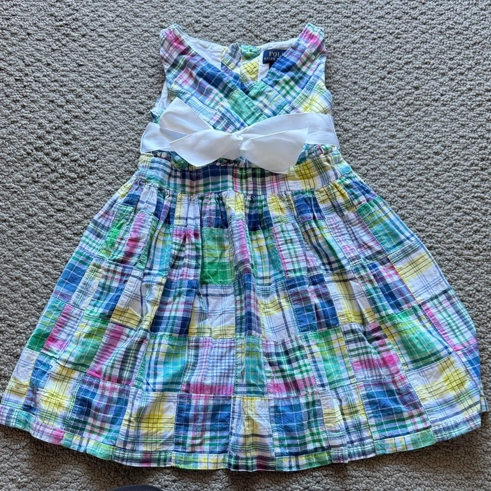 Ralph Lauren Multicolor Plaid Cotton Dress with White Bow